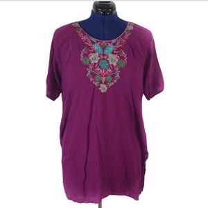 Argentinian XXL purple floral embroidery scoop neck short sleeve 100% cotton top